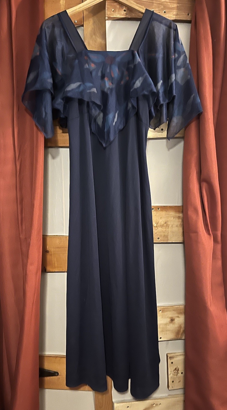 Vtg 70s Chiffon Capelet Maxi Dress Navy Floral Flutter Sleeve Gown Union Boho