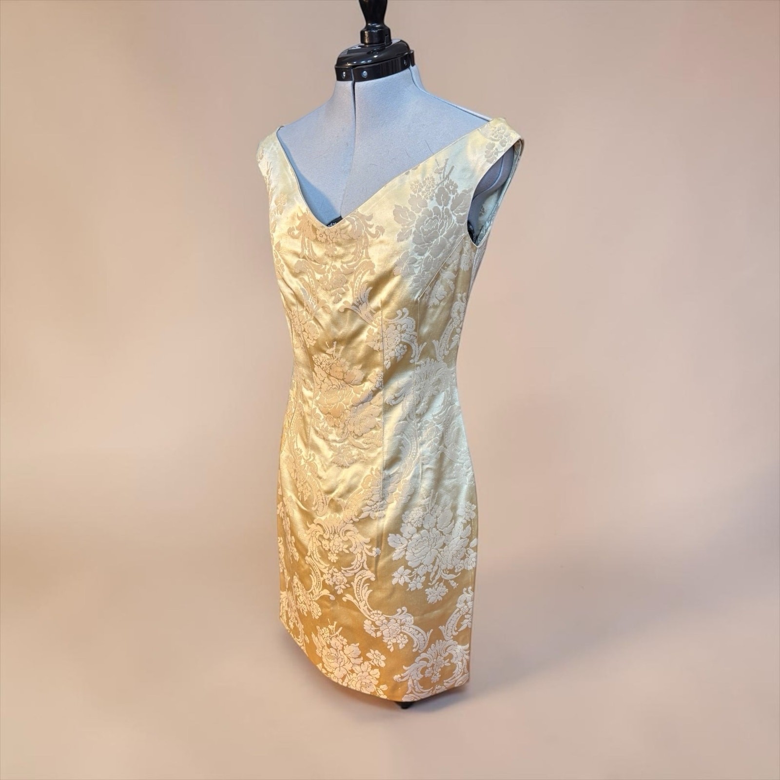 Gold Brocade Wiggle Dress 1960s Cocktail Sheath Satin Floral Jacquard XS