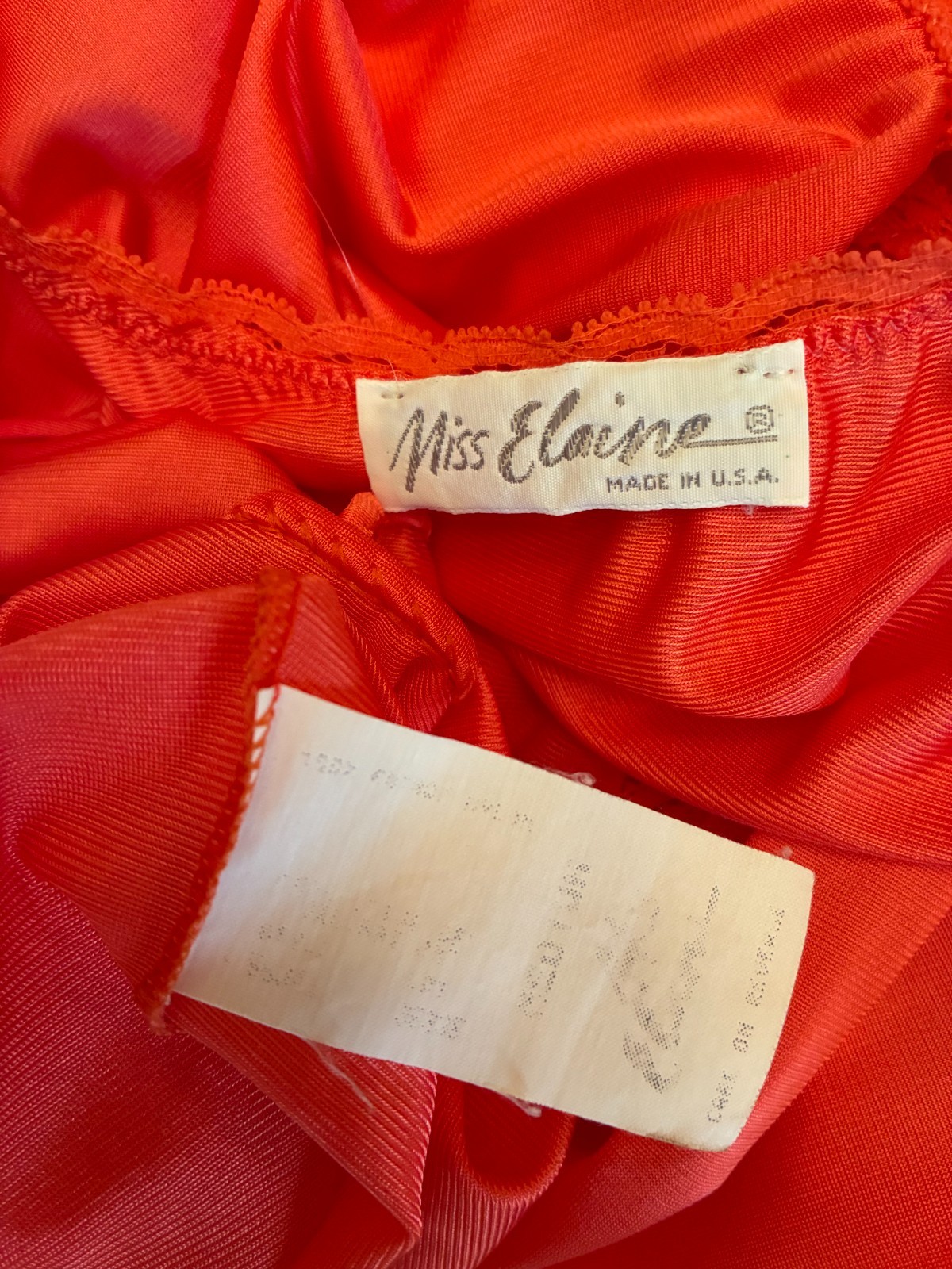 Vintage MISS ELAINE GRECIAN NIGHTGOWN Medium PEACH Orange Long Nylon Plunge Gown