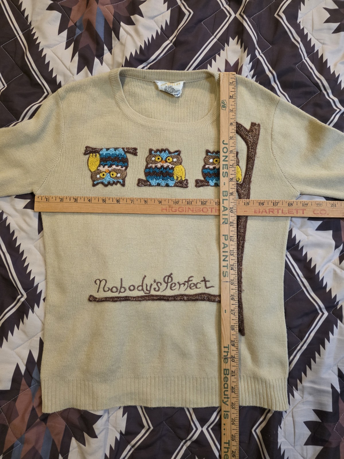 Vtg 70s Cyn Les Nobody&rsquo;s Perfect Owls Embroidered Sweater Beige Womens Large