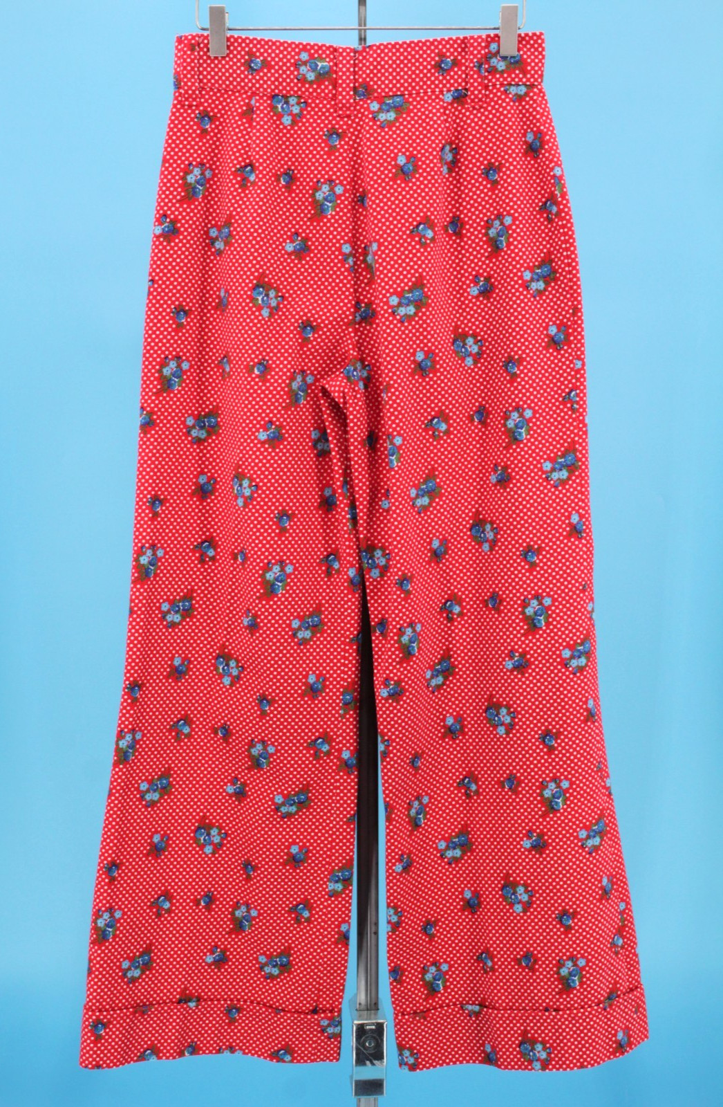 VTG Women&rsquo;s 70s Red Polka Dot & Blue Floral Bell Bottom Pants Sz 29&Prime; / M 1970s