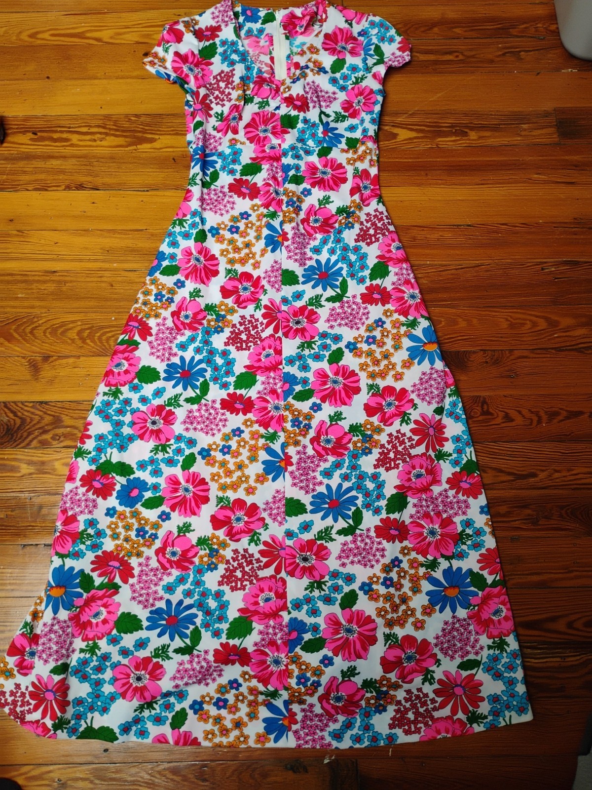 Vtg 60s 70s Floral Dress Small Red Pink Blue Green White