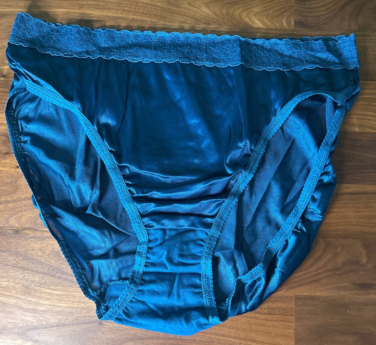 Vtg FRUIT of LOOM Panties LACE waist nylon MEGA HI CUT LEG Sz 8 Second Skin Blue