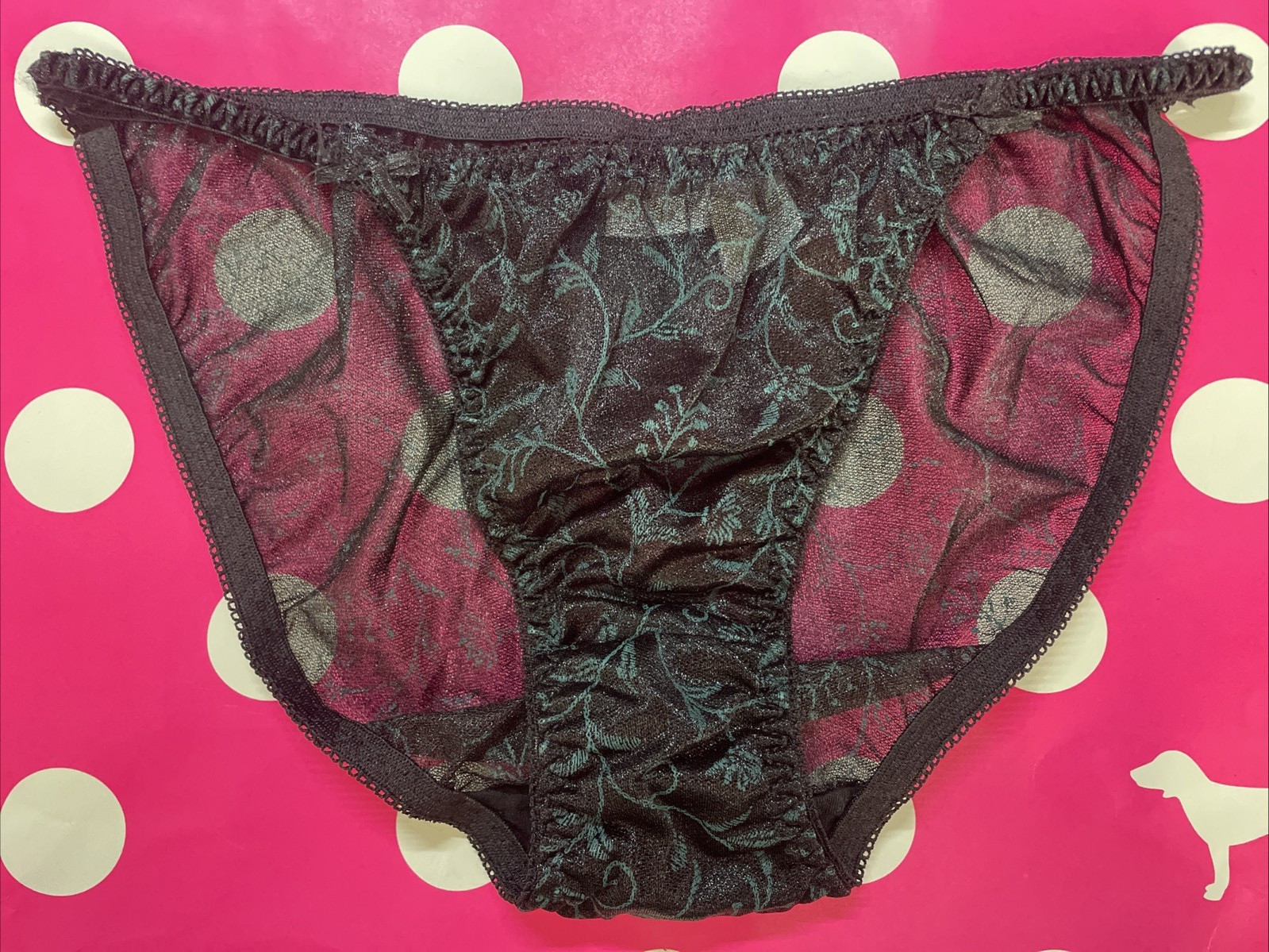 Vintage Gillian O’Malley Sheer Lace String Bikini Panties Black Floral L 7