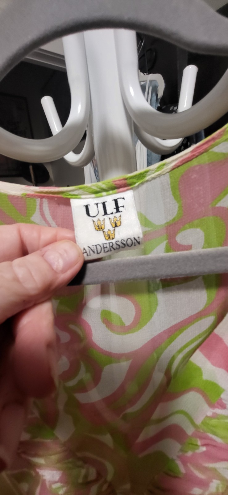 Vintage? Ulf Andersson MOD Pink Green White Print – Deep V Empire Midi Dress L