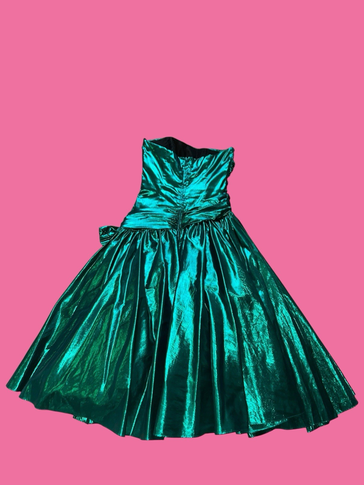 Vtg 80s Zum Zum Metallic Lamé Green Strapless Dress Asymmetric Drop Bow 9/10