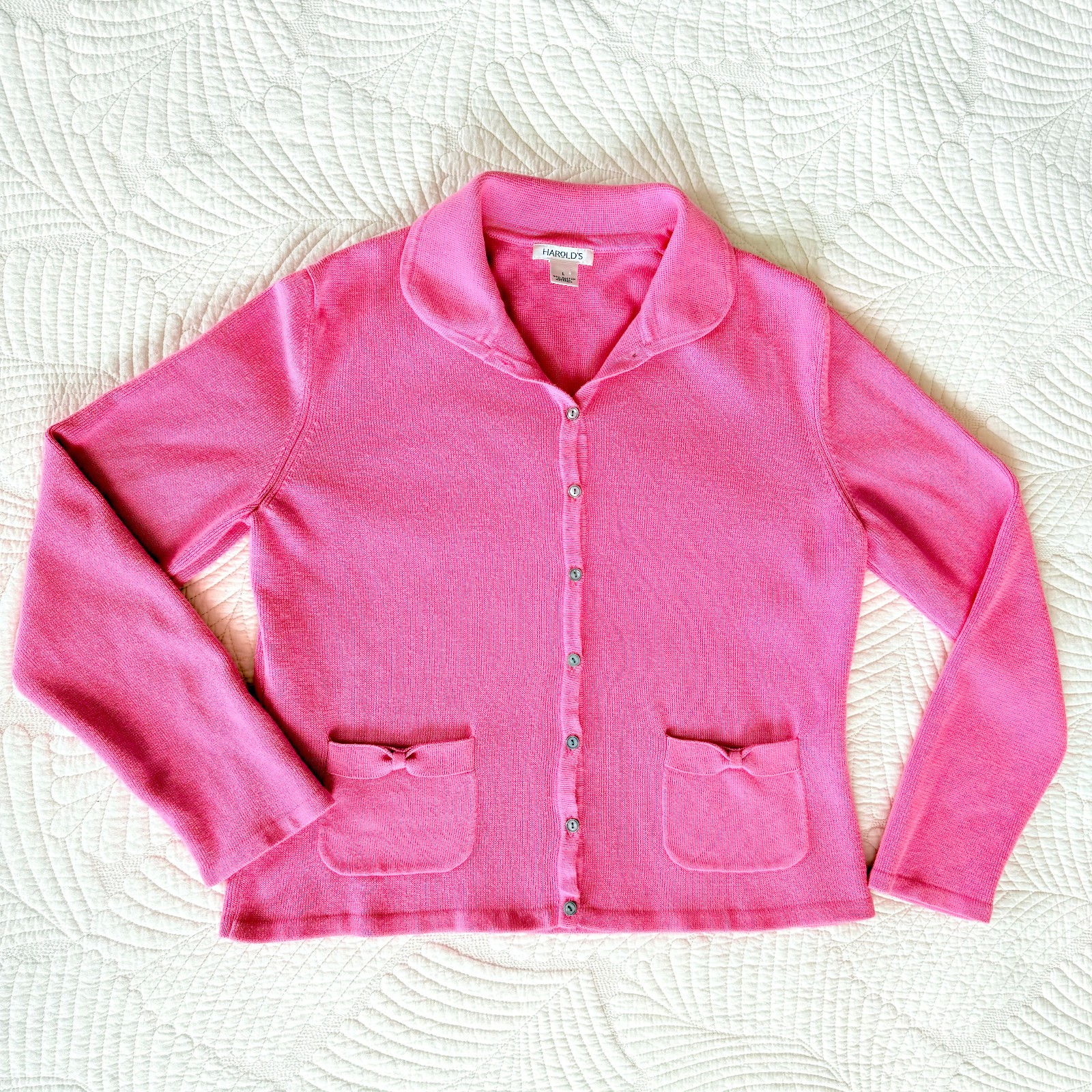 VTG Harold&rsquo;s Pink Bow Collared Twee Cotton Sweater Cardigan Size L