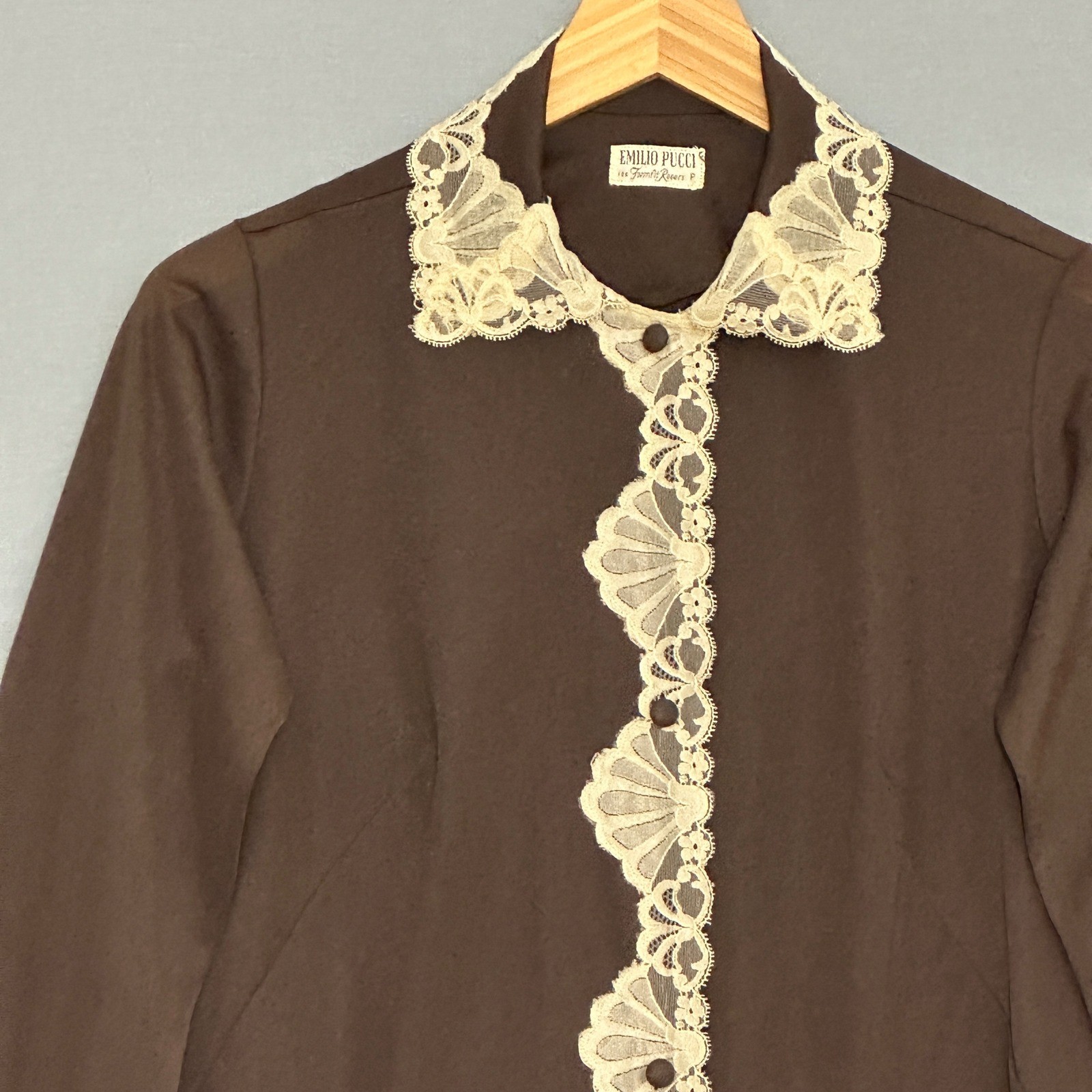 VTG 60s Emilio Pucci Formfit Rogers Womens Top 8 Brown Lace Trim Retro Romantic