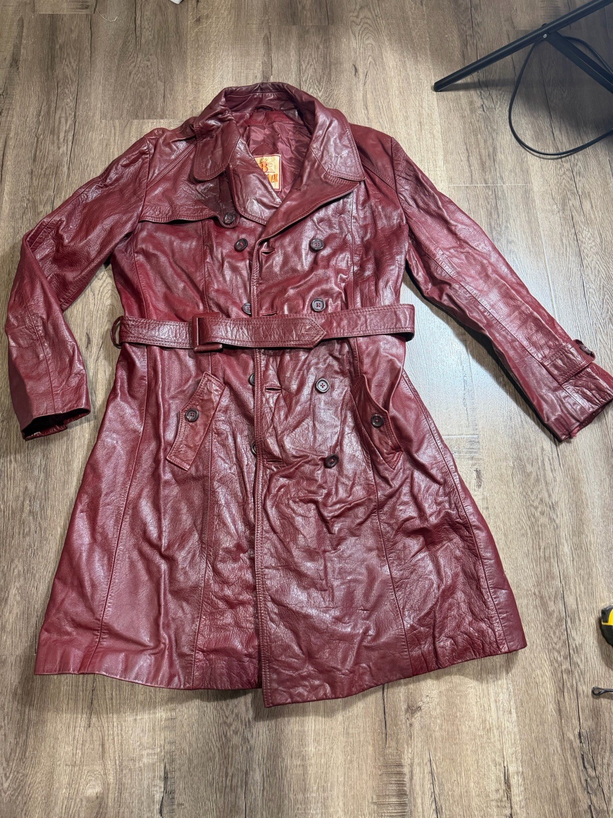 RARE VTG 70 100% Genuine Leather Satin Lined Jacket Trenchcoat Belted Burgundy
