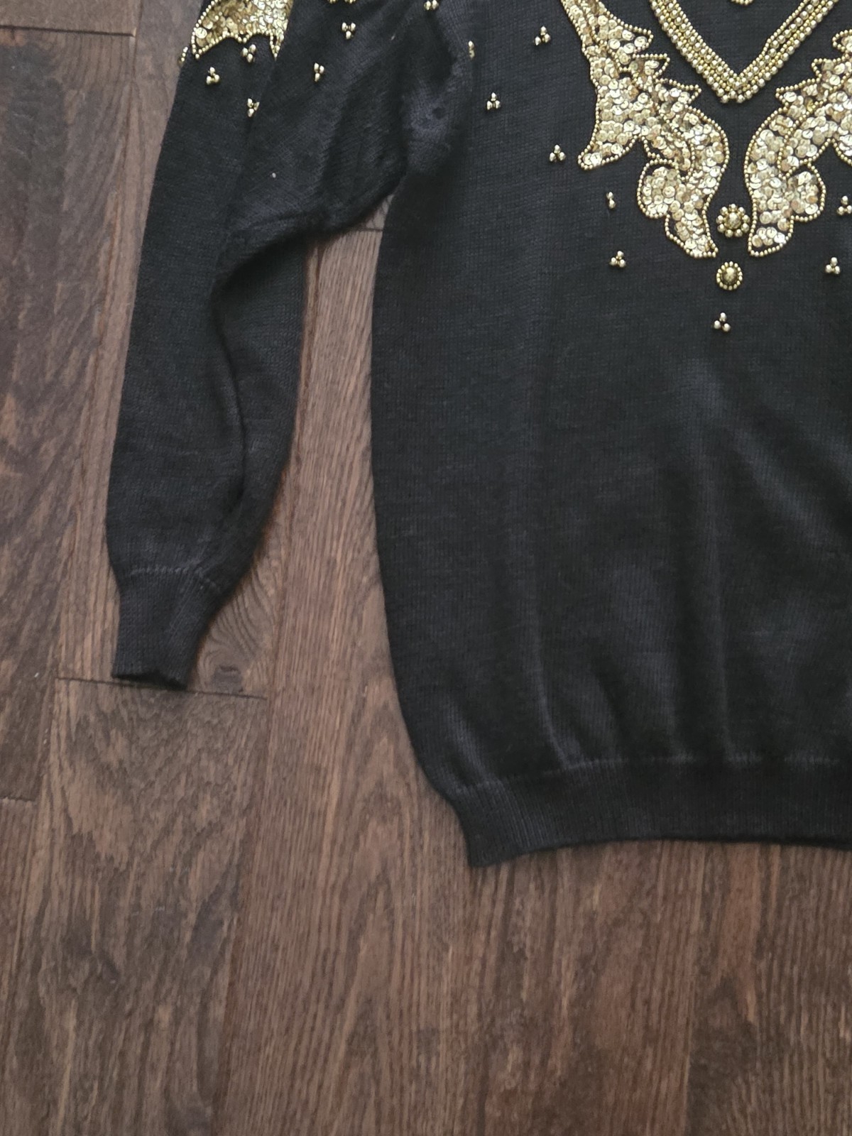 🍾Vintage Dana Scott Black Gold Sequin Beaded Sweater Medium Ramie Glam Holiday