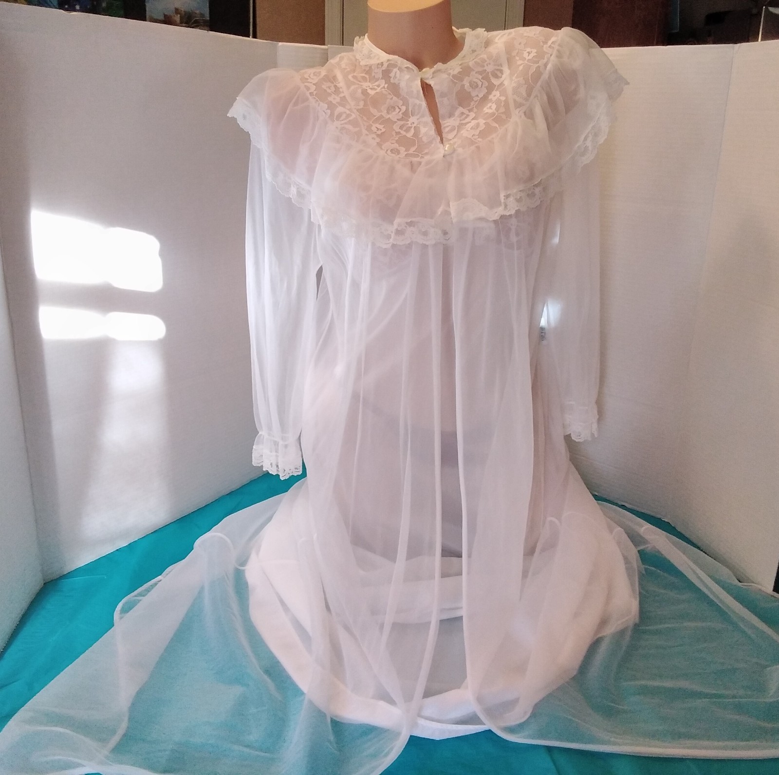 Vintage 2pc Set Lingerie White Nightgown Chiffon Robe Lace Trim M Honeymoon