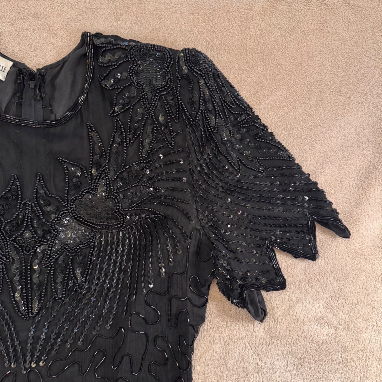 Vintage Gatsby Flapper Beaded Sequin Cocktail Party Dress Art Deco Black SZ M