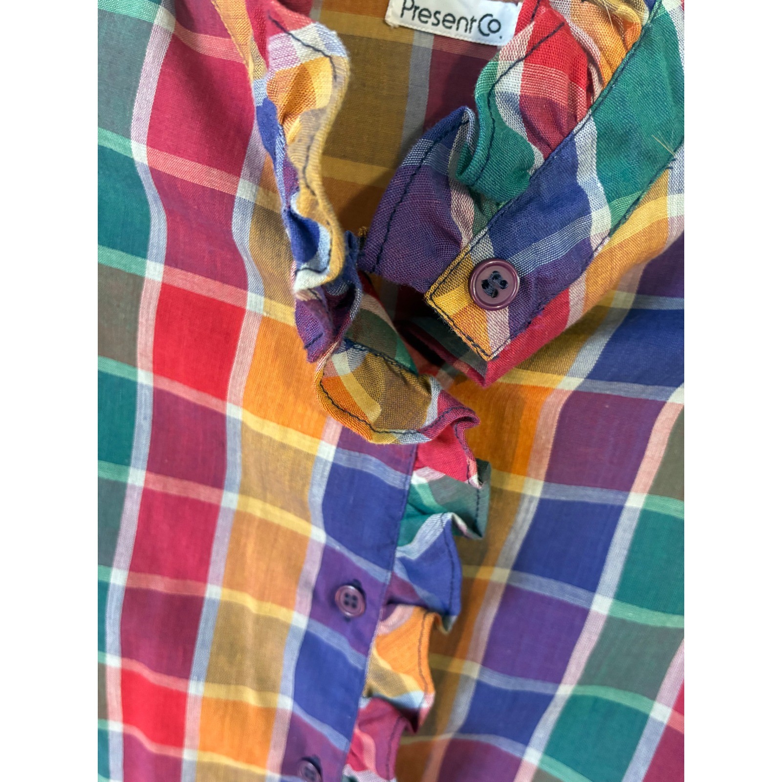 Present Co Plaid Ruffle Blouse Vintage Womens 5/6 Multi Color Excellent