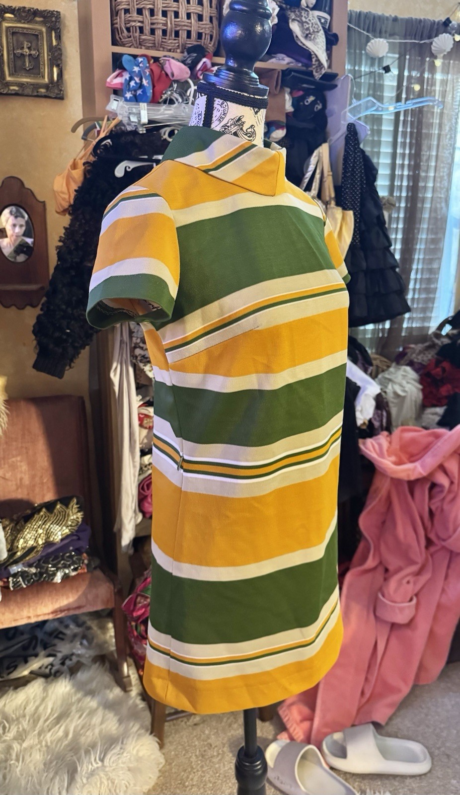 Vtg Micro Mini Toni Todd Hi Neck Stripe Colorblock 60s Dress Polyester XS S Mod