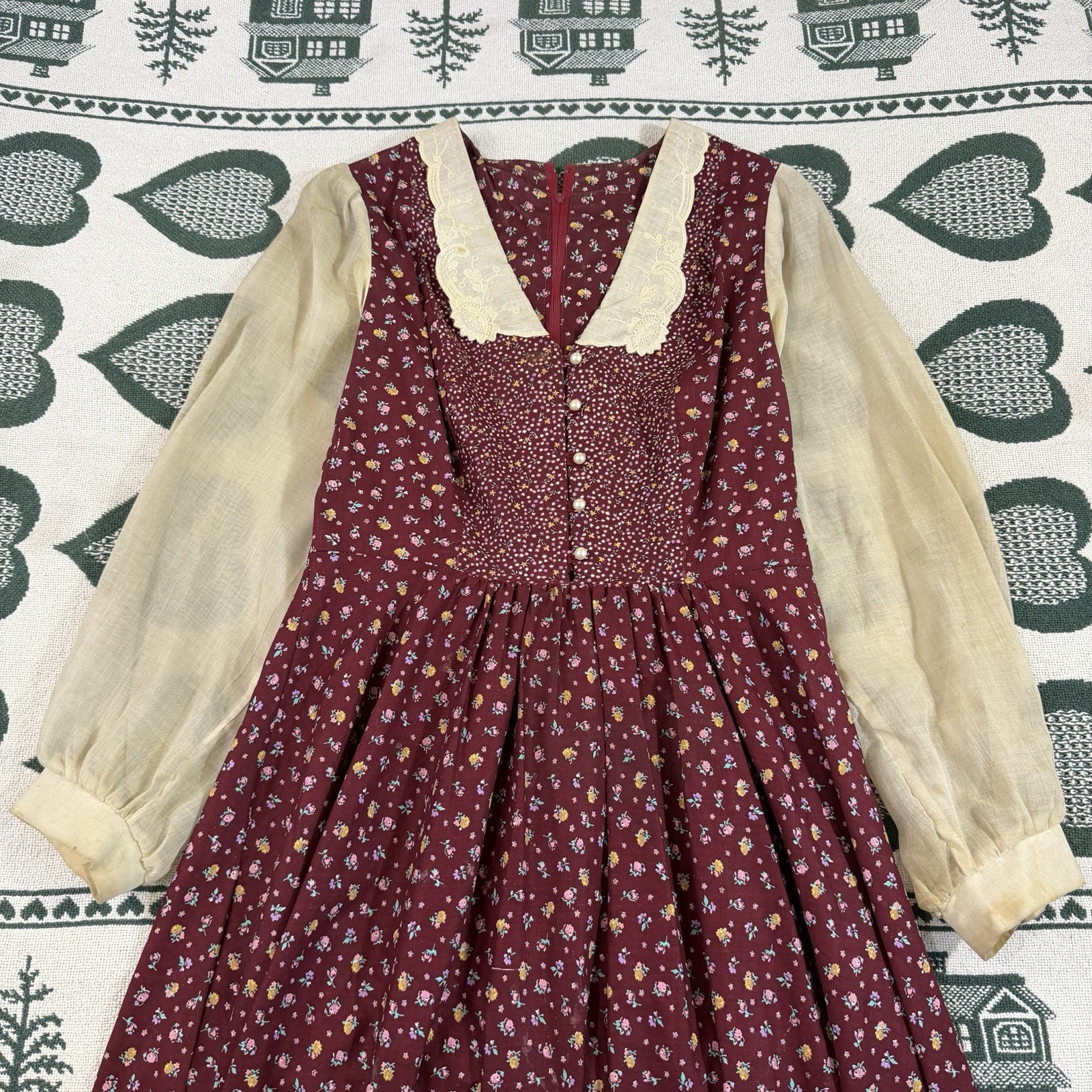 Vintage 70s 80s Prairie Midi Dress Women&rsquo;s S/M Red Cream Floral Cottage Core