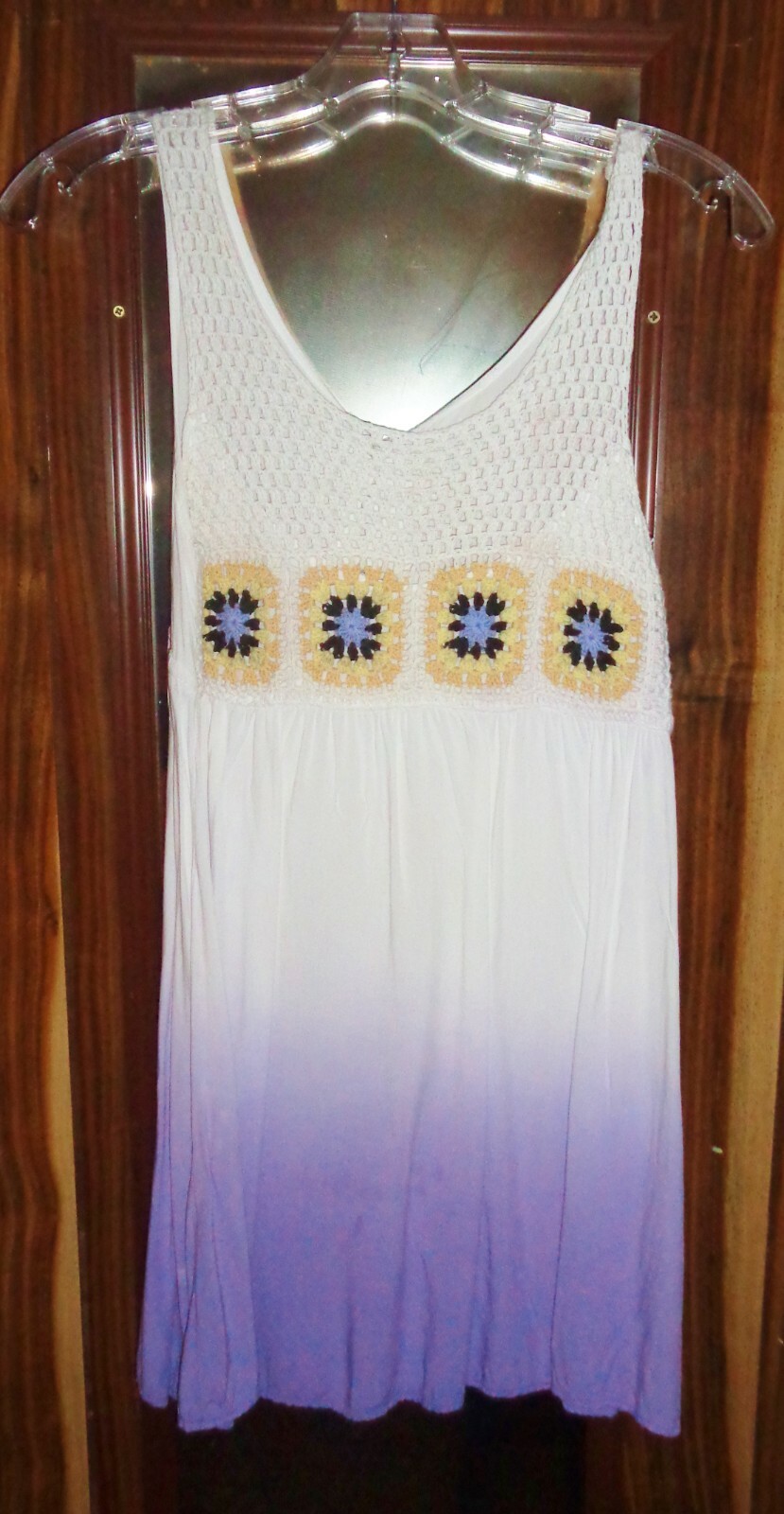 Adorable Vintage Yellow Crochet Flower White & Lilac Mini Dress – Tie Back Small