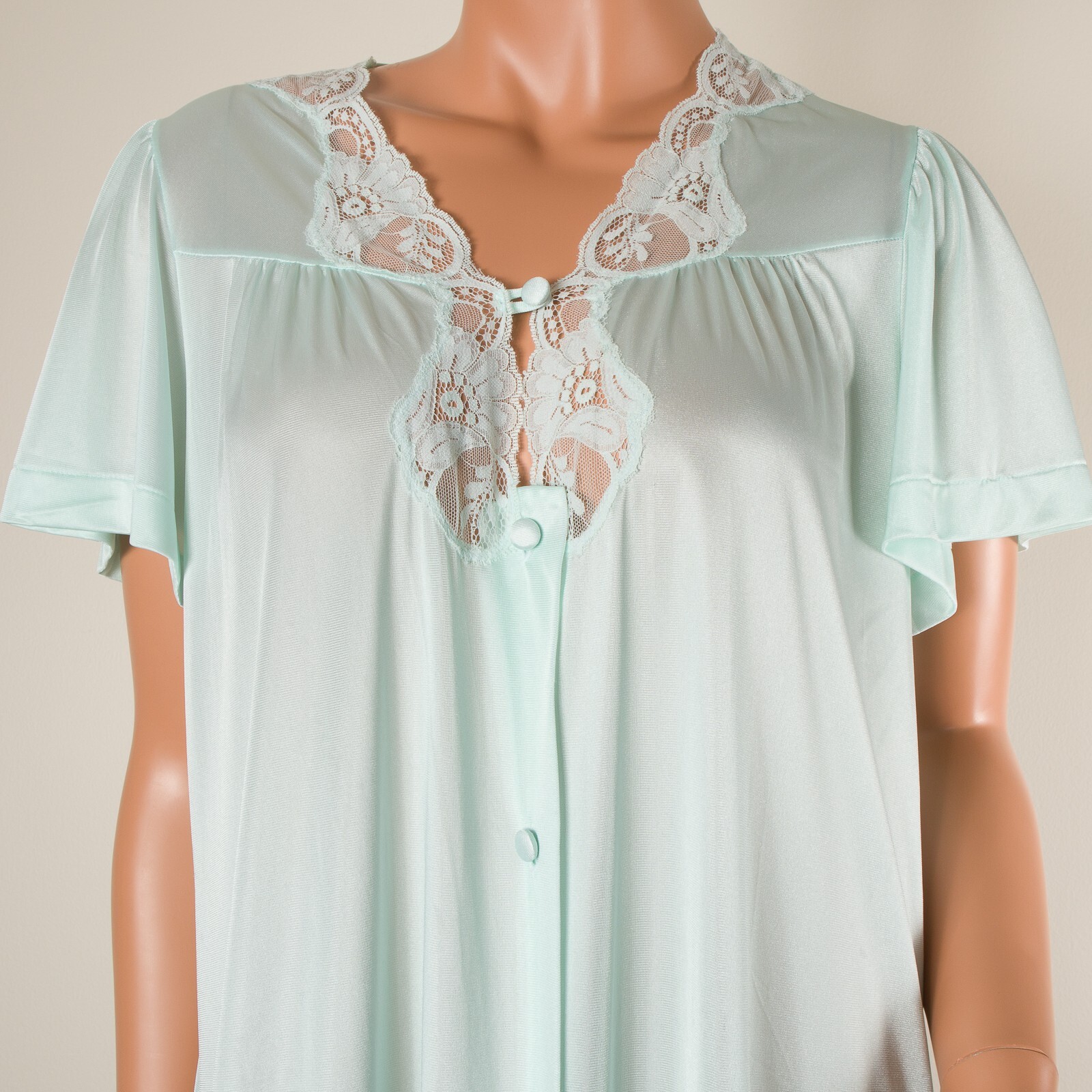 💖 VTG GILEAD Light Green Robe & Nightgown Set Nylon Lace Robe Sz S Gown Sz M