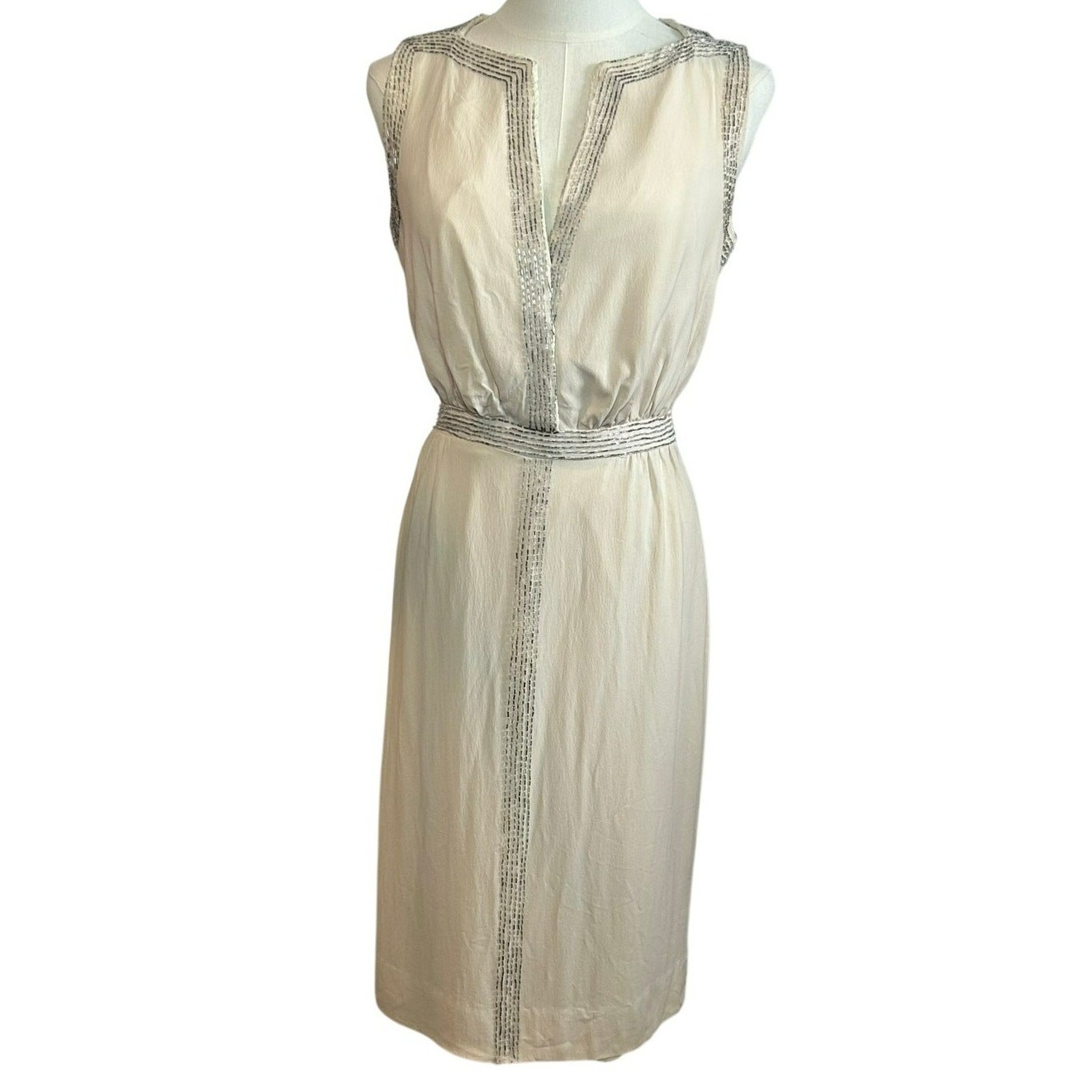 Vintage 60s Silk Dress Ivory Hand Beaded V-Neck Mod Sheath Cocktail Gown S 4