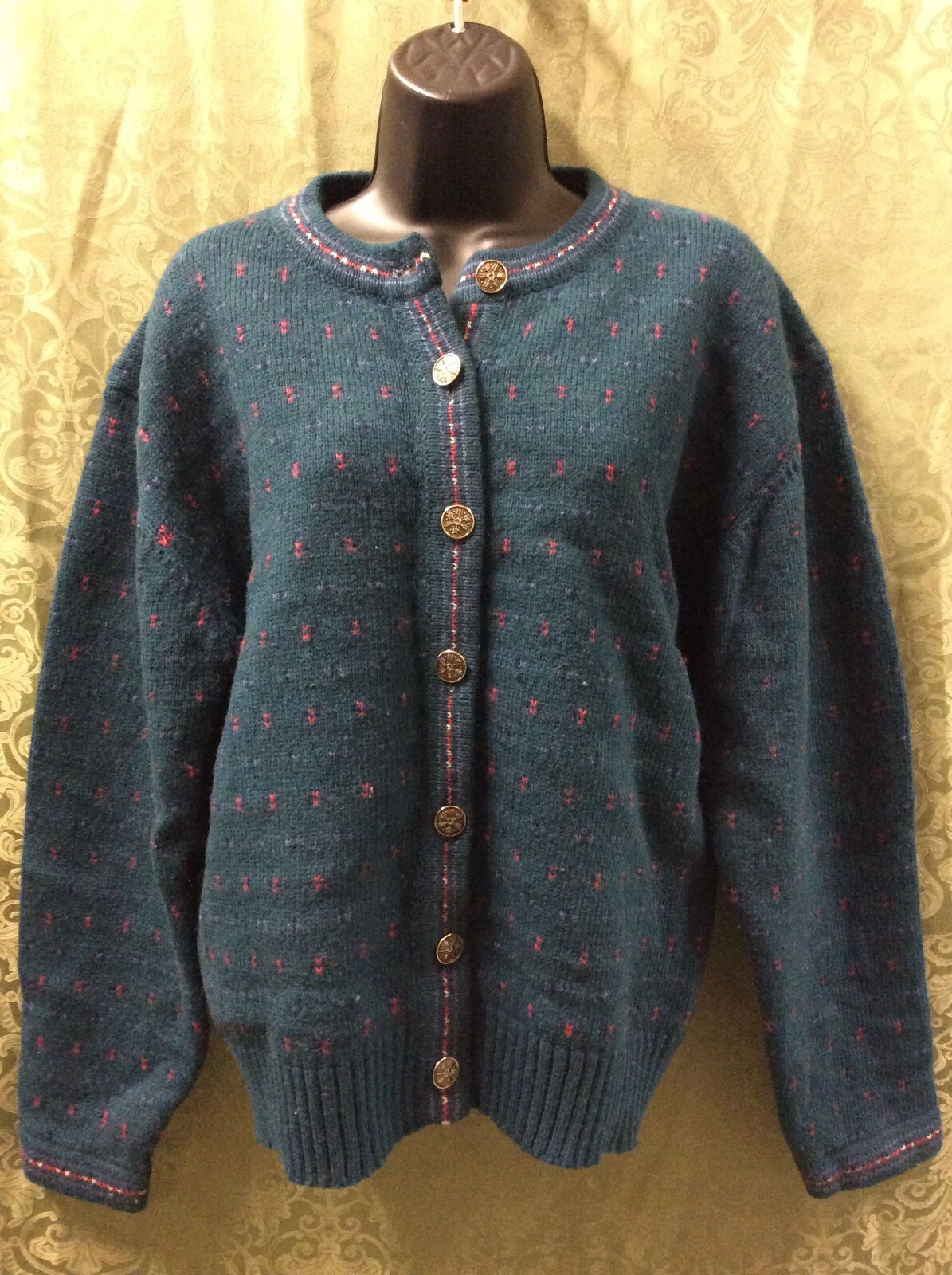 Eddie Bauer Wool Blend Cardigan Sweater M Dark Green Teal Red birdseye vintage