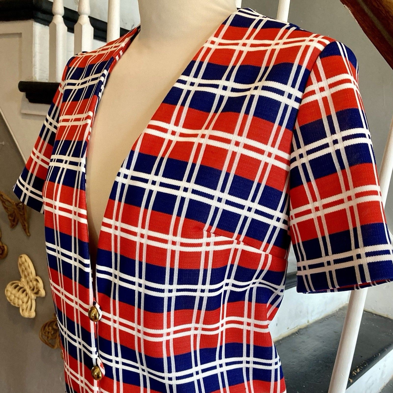 1970s Red White Blue Navy Plaid Jacket 1976 Mod Bicentennial Wear To Work Disco