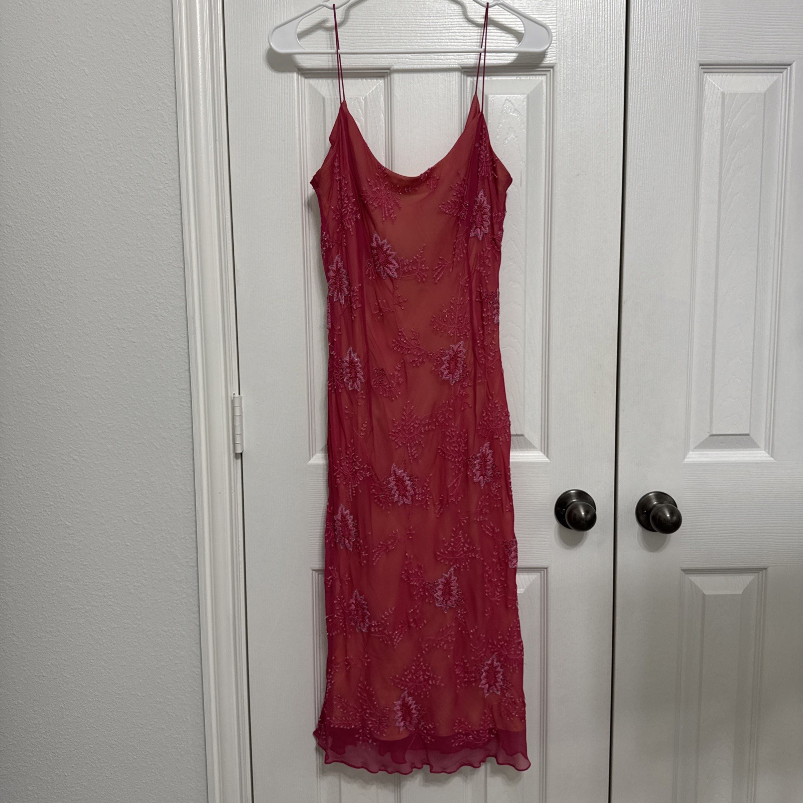 Vintage Y2K Papell Boutique Evening 100% Silk Beaded Pink Fairy Floral Gown Sz12