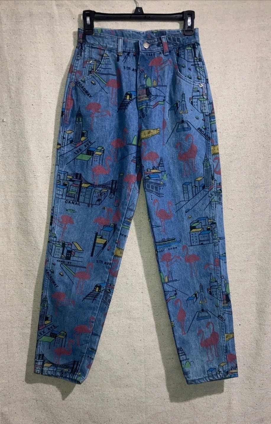Vintage Wrangler Pink Flamingo Denim Blue Jeans New York All Over Print Womens 9