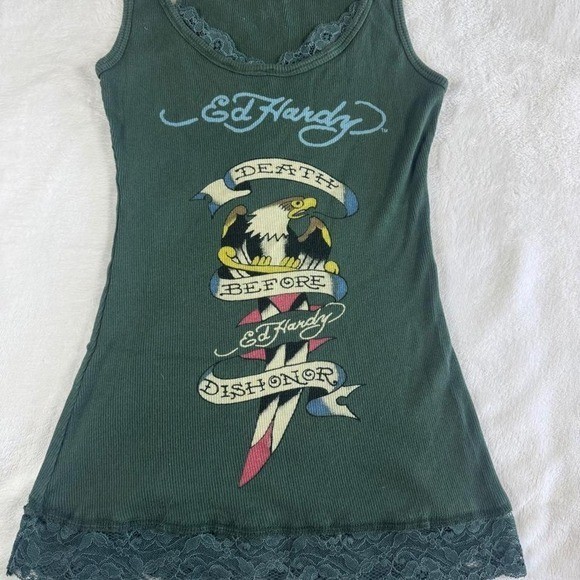 Rare Ed Hardy green peekaboo lace graphic tank top y2k vintage mcbling grunge