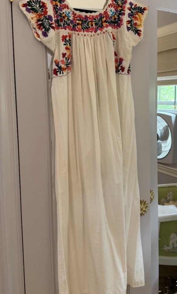 Vtg San Antonino White Hand Embroidered Oaxacan Mexican Traditional Huipil Dress