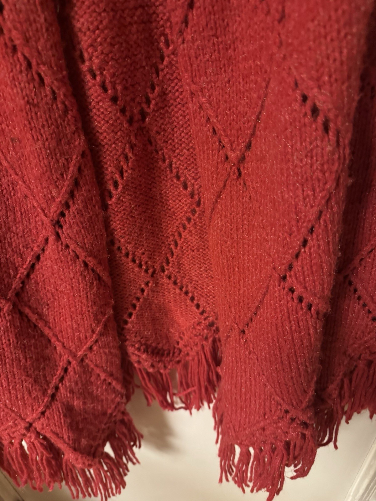 Vintage 1960-1970’s Red Hand Knit One Of A Kind Caplete With Fringe DiamondLace