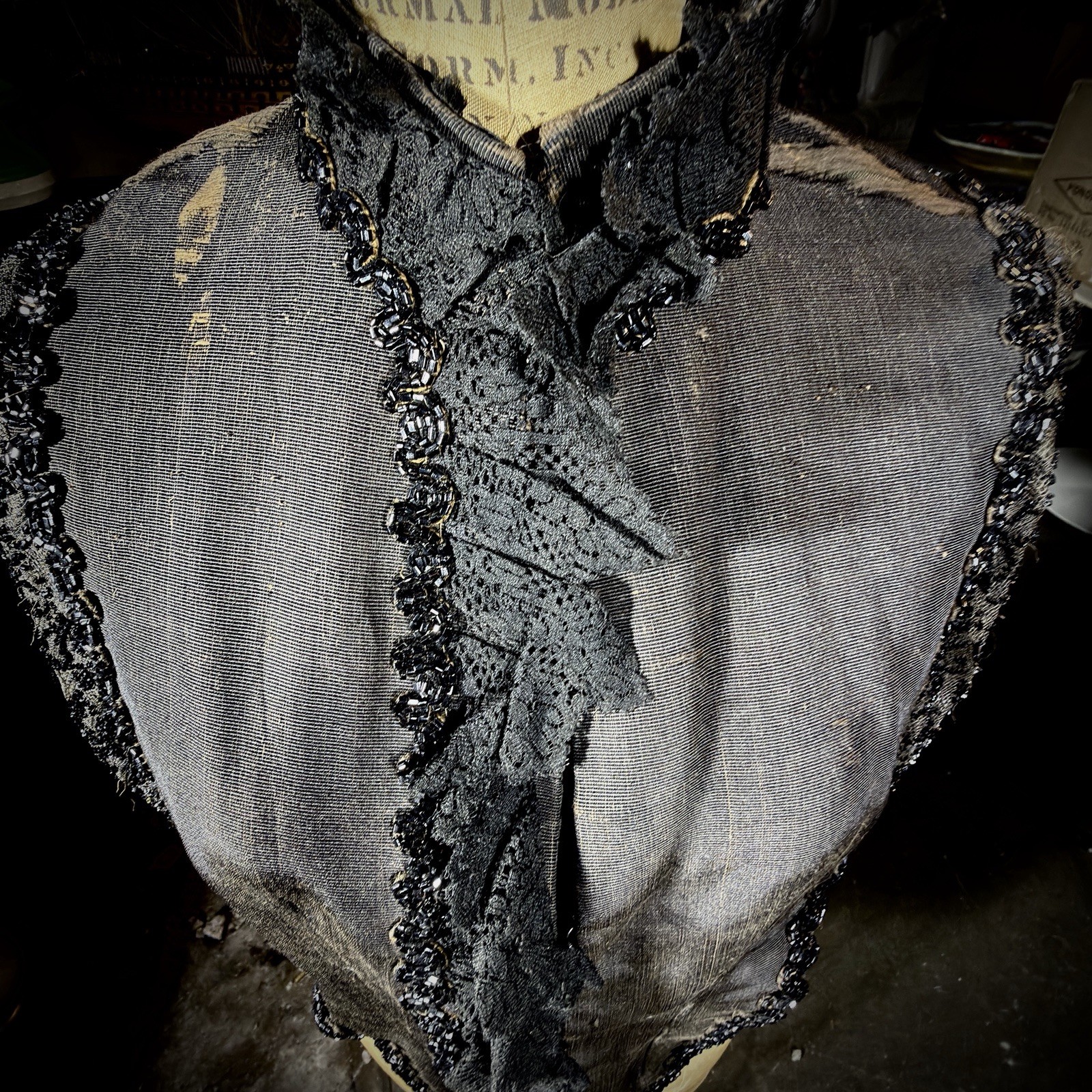 Antique Victorian Mourning Cape | 1880s Jet Beaded & Chantilly Lace Mantle
