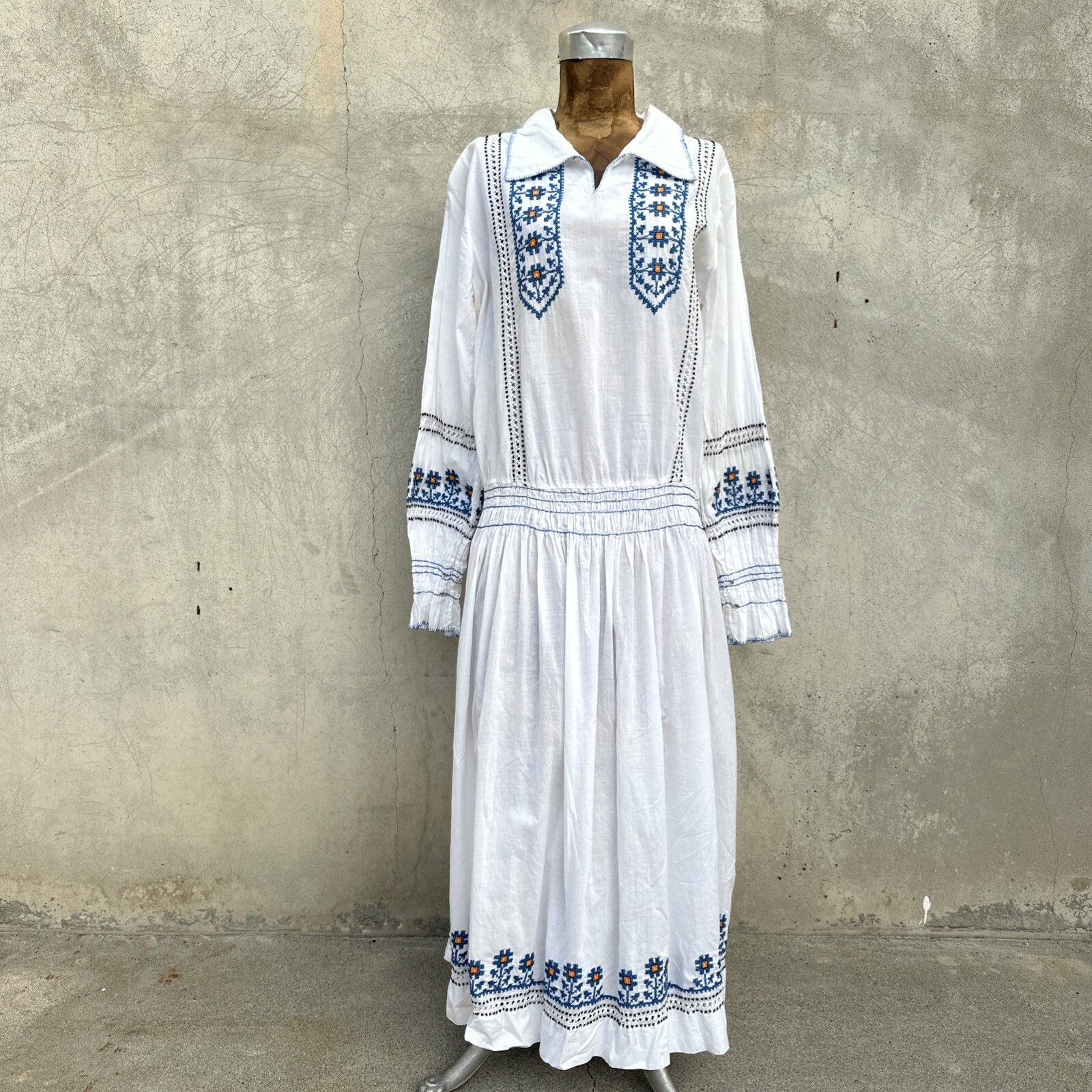 Vintage 1930s Romanian Folk Dress White Linen Blue Floral Hand Embroidered 1920s