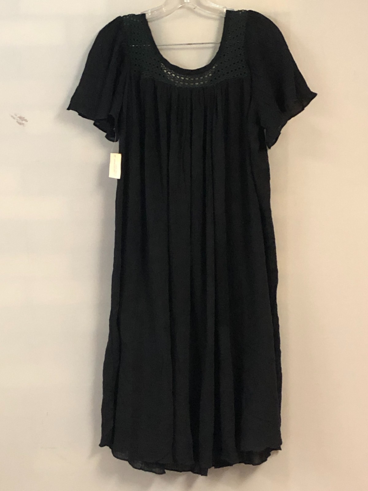 NWT Vintage California Dynasty Dress M Black Cotton Gauze Crochet Nightgown USA