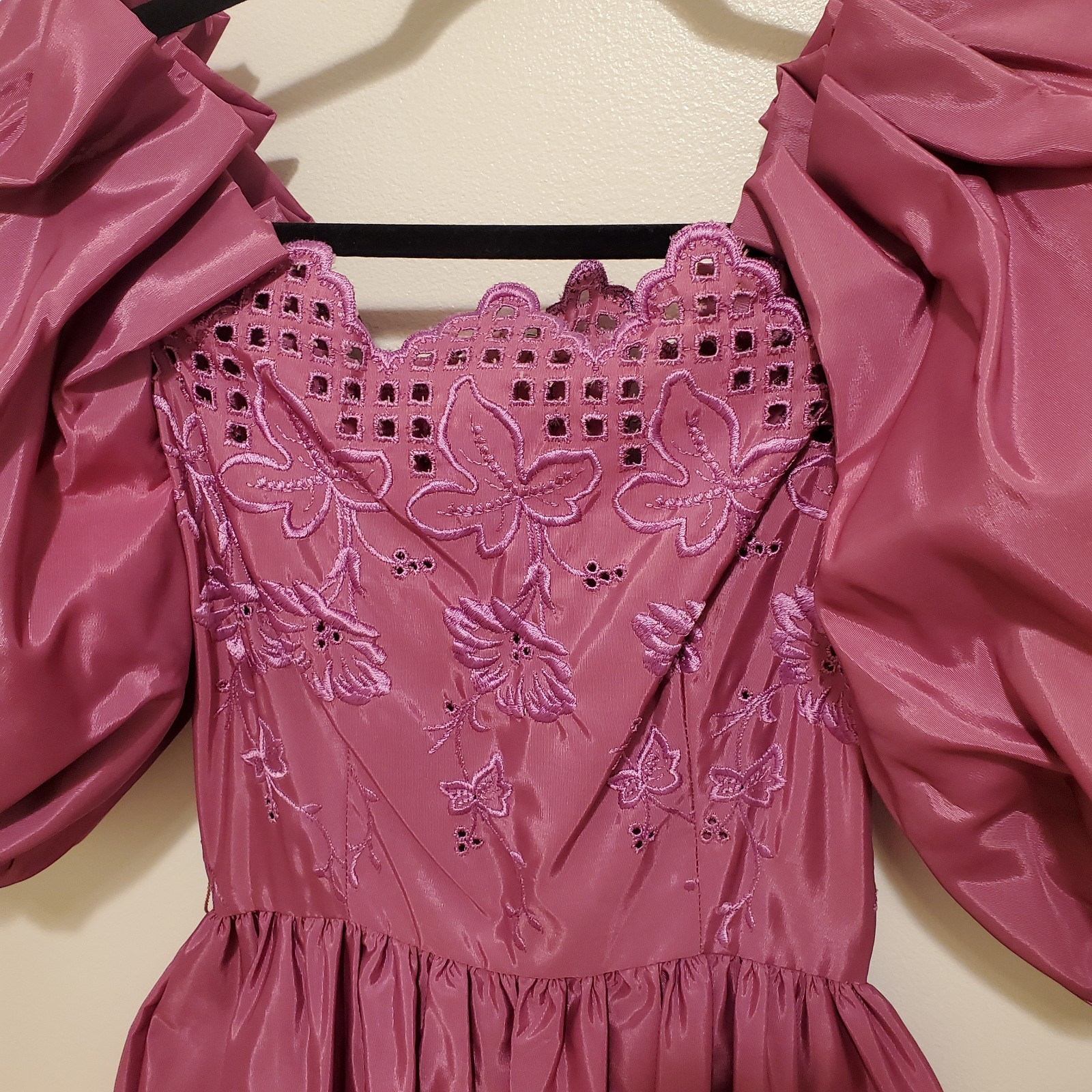 VTG Puff sleeve off shoulder taffeta mauve Prom Gown Dress 5/6 USA Union Made