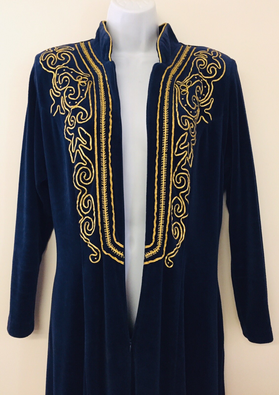 david brown California Dark Blue Velour Hostess Dress House Robe 1970s Small USA