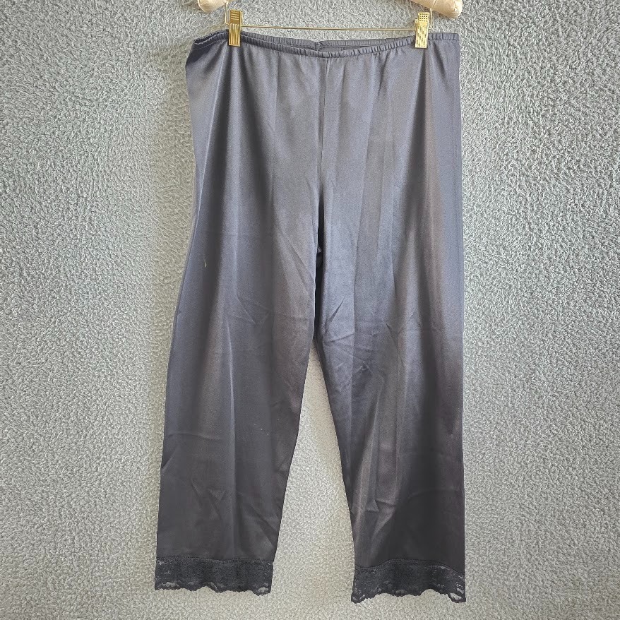 Vintage Nylon Sleepware Pants Medium Black Elastic Waist Lace Hem Grannypants