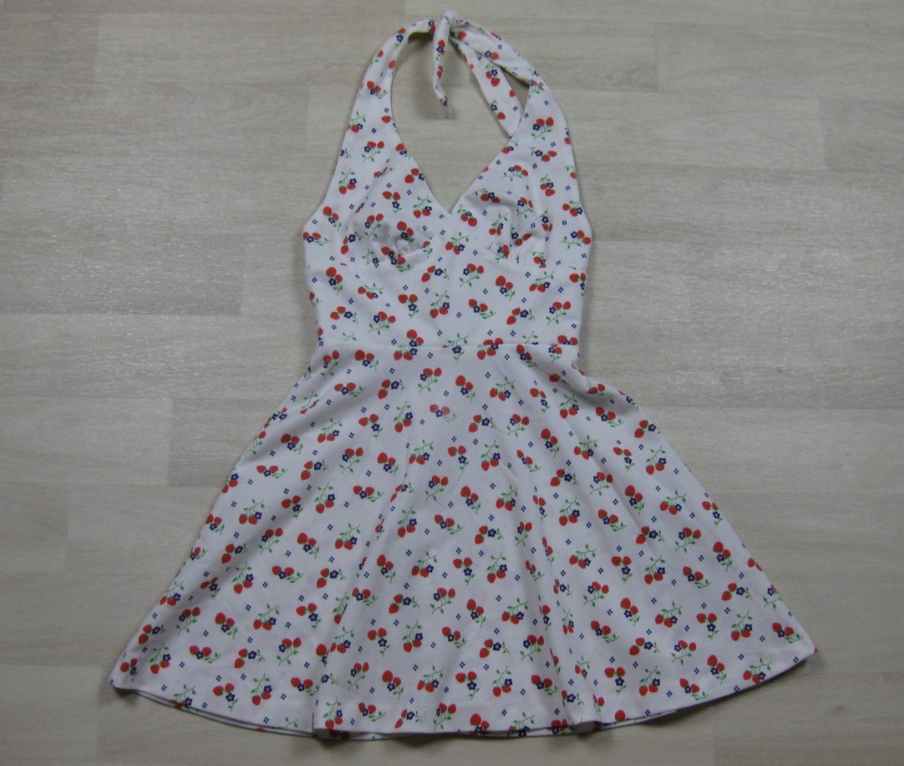 Vintage 70s Halter Micro Mini Swing Dress (XS) Open Back Strawberry Print Pinup
