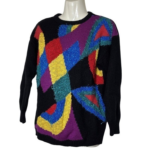 Vintage Abstract Geometric Knit Sweater Multi Color Wool 80s 90s Crew Neck Large