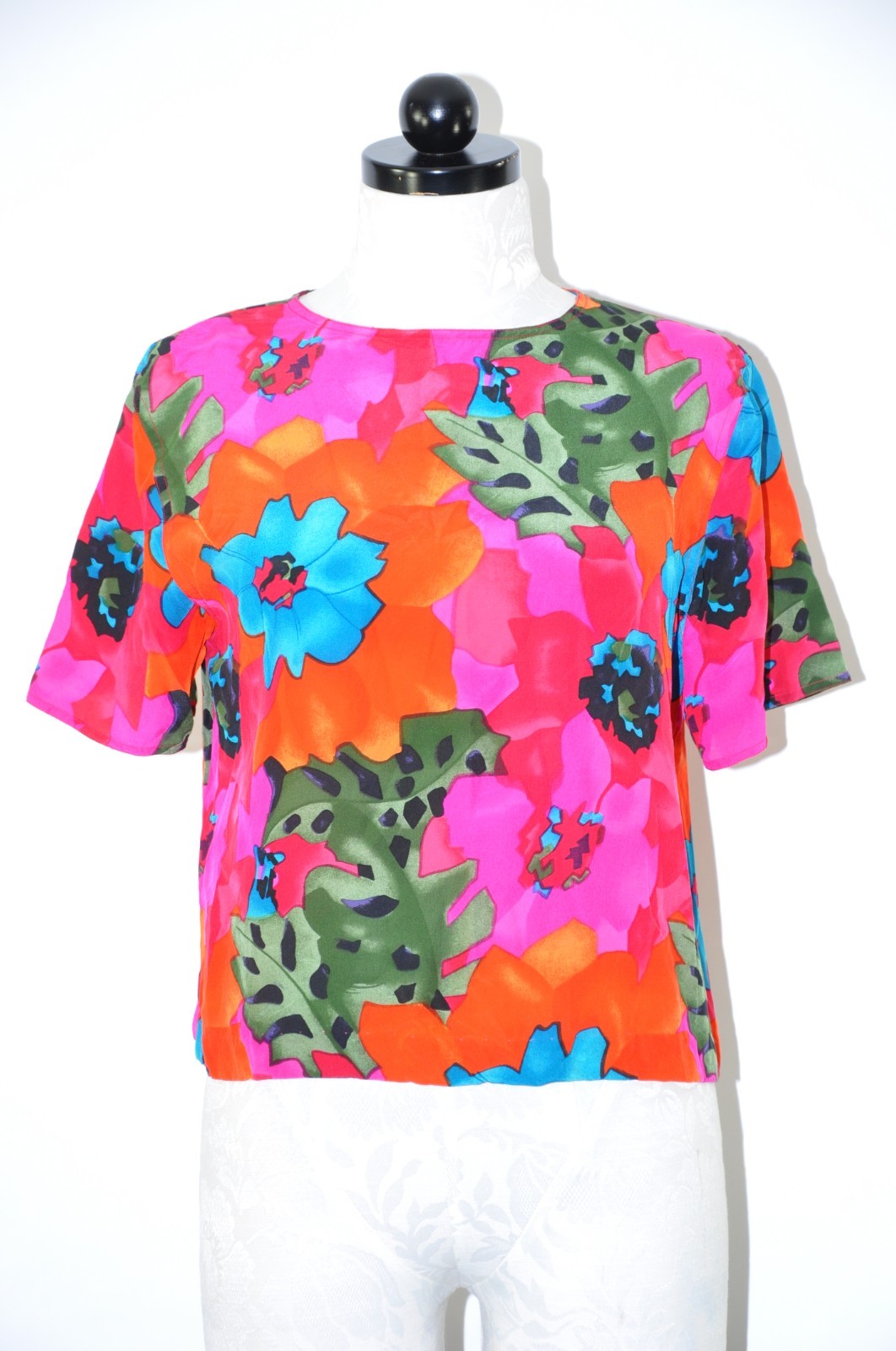 90s Vintage Rainbow Hot Pink Silk Botanical Short Sleeve Tee Top Blouse Women S