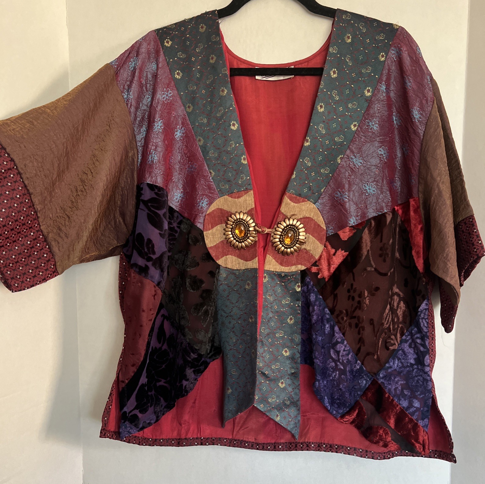 Vintage STERLING STYLES Kimono Jacket Wine Purple Patchwork Art to Wear XL 48”