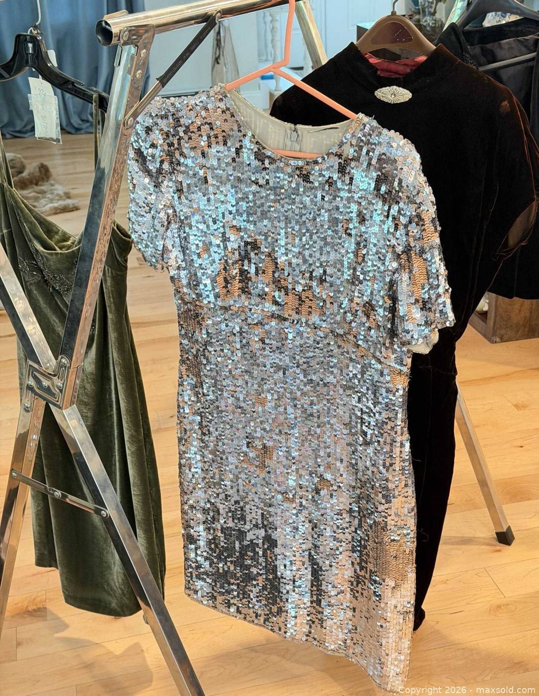 Vintage French Silver Sequin Party Dress 42 NWT $795 Orig Tag Spare Sequins