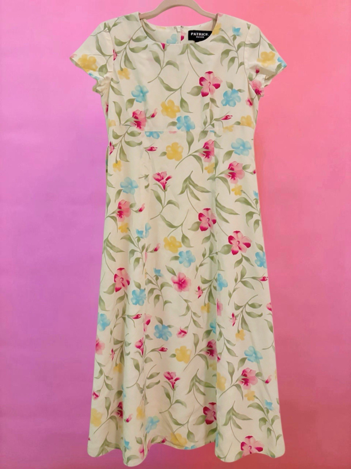Vintage 80s 90s Patrick Petite 100% Silk Butter Yellow Pink Floral Maxi Dress 6P