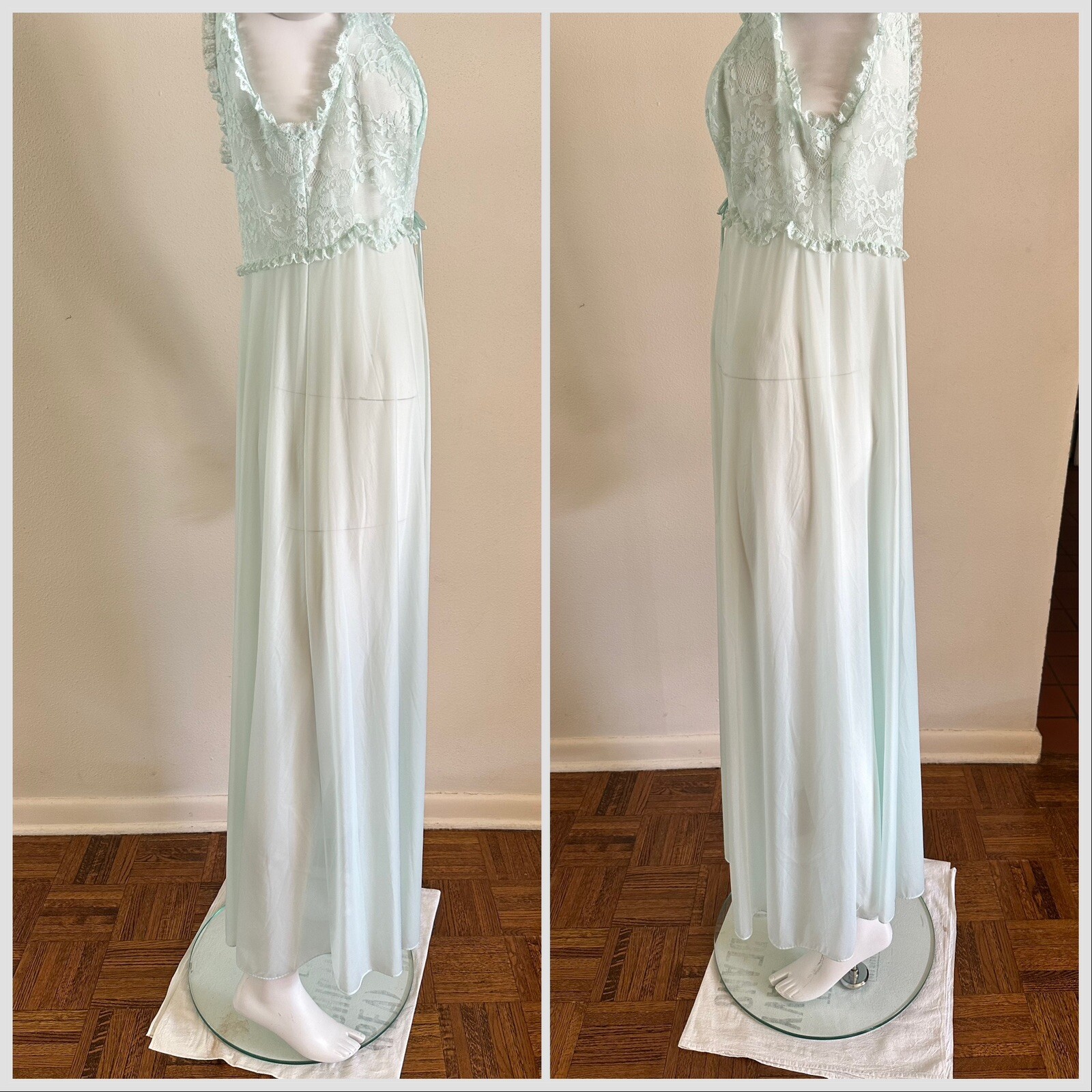 1960s Vanity Fair Mint Green Nylon Tricot Lace Nightgown Slip Dress Negligee VTG