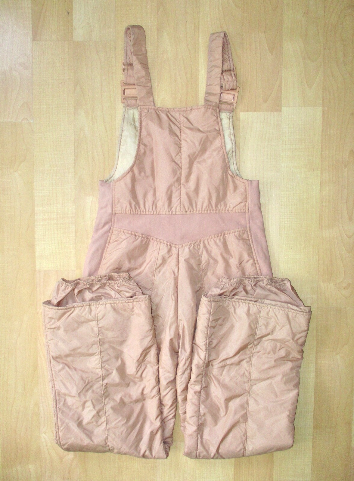 Vtg 70s Ellesse Beconta tan nylon puffer ski bibs jumpsuit adjustable Women&rsquo;s 14
