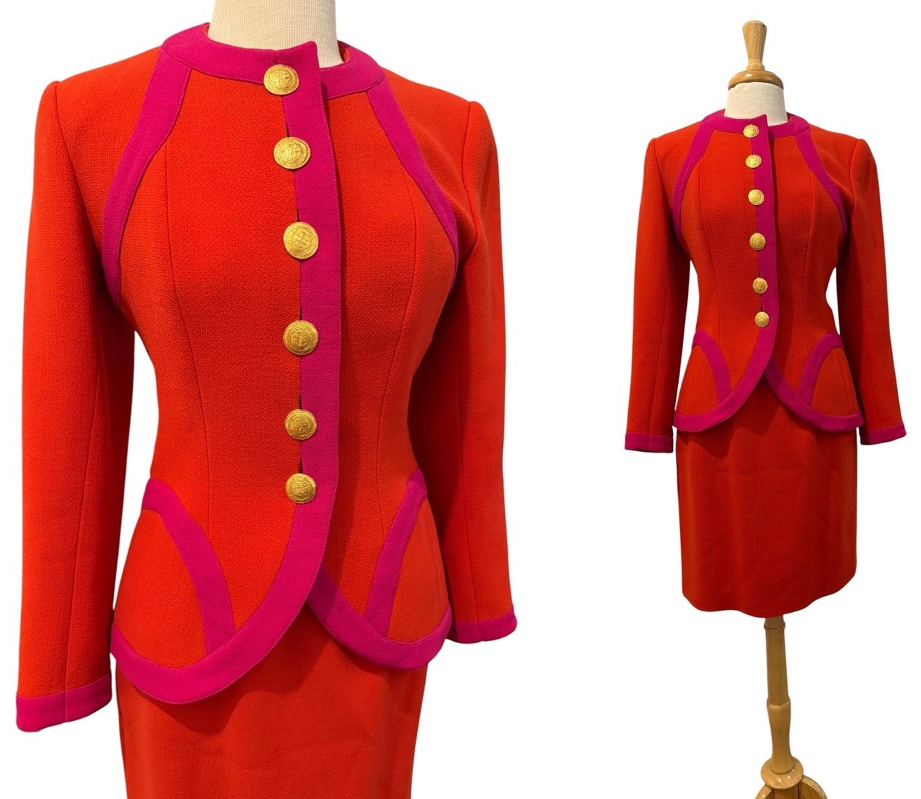 Vintage Christian Lacroix Paris Single Breasted Orange Pink Wool Skirt Suit EU40