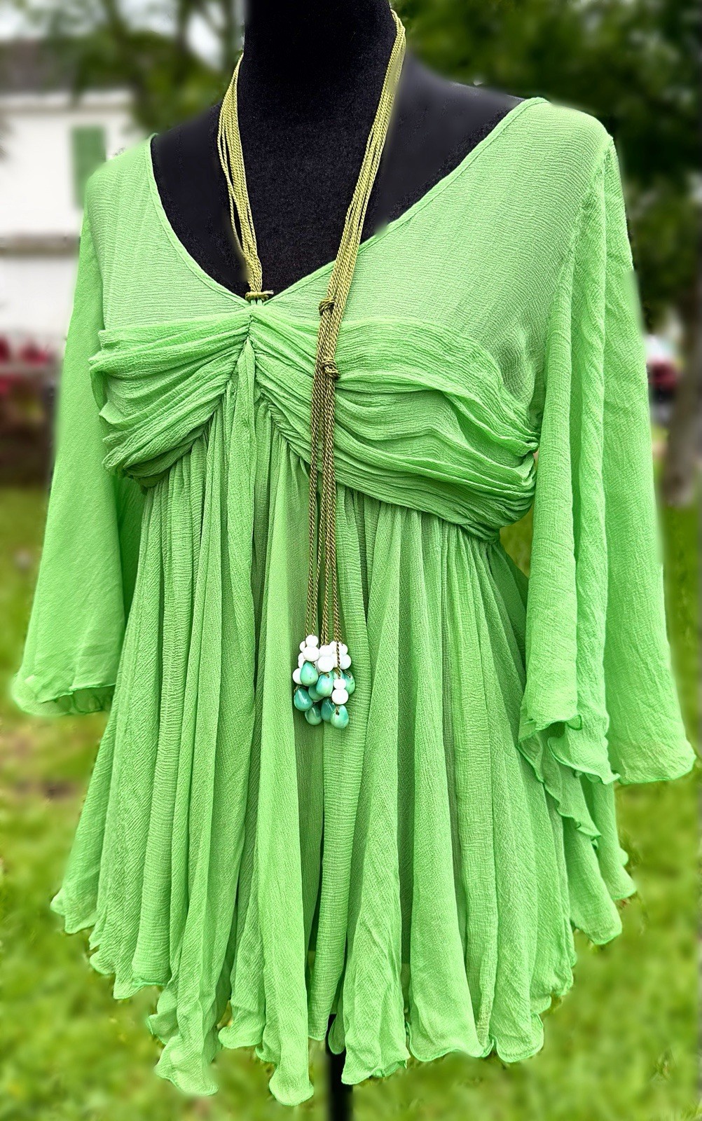 Authentic CHLOE Gazon Green Silk Sheer Ruffle Blouse Boho Fairycore Designer Vtg