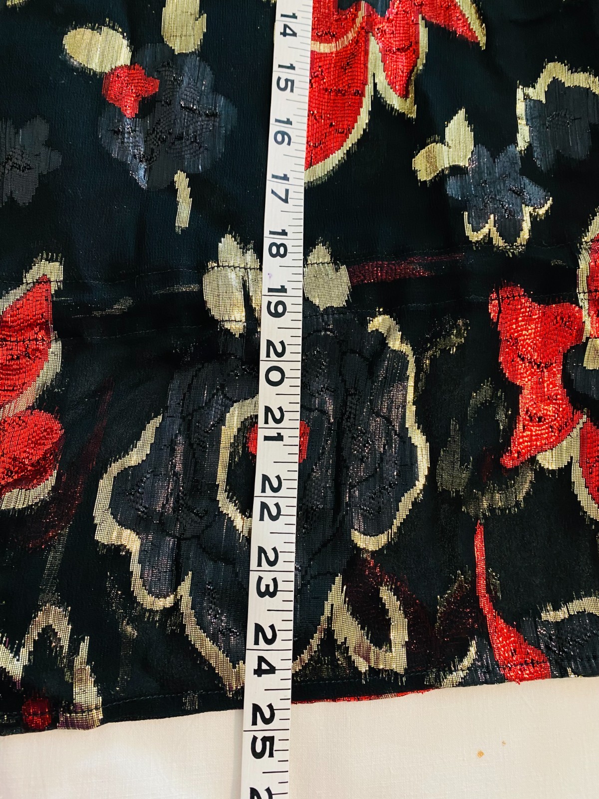 Vintage LLOYD WILLIAMS Sheer Blouse Black with Black, Gold & Red Floral shiny