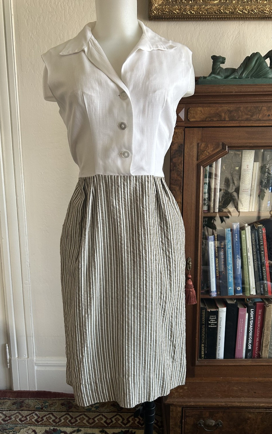 Vintage 1950s Linen Stripe Wiggle Dress Sleeveless Secretary Outfit Midi Pencil