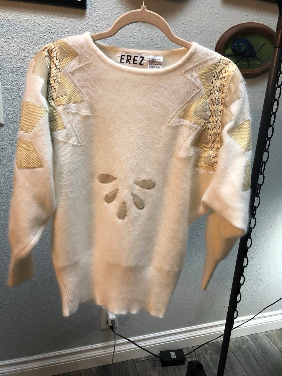 Vintage 1980’s EREZ cream Lambs wool Rabbit Leather Snake Skin Sweater Size M
