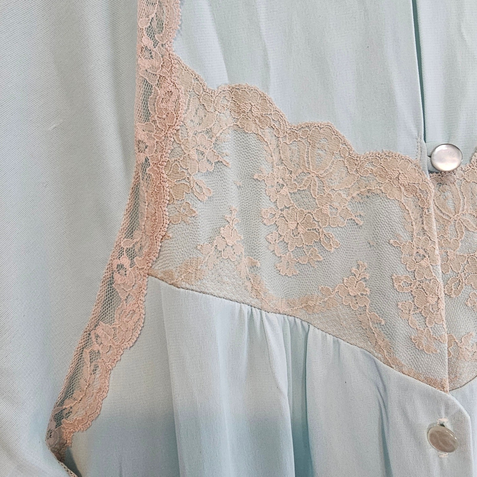 Vintage Lace Robe Womens Size Large 80s Pastel Blue Satin Cottage Romantic Retro