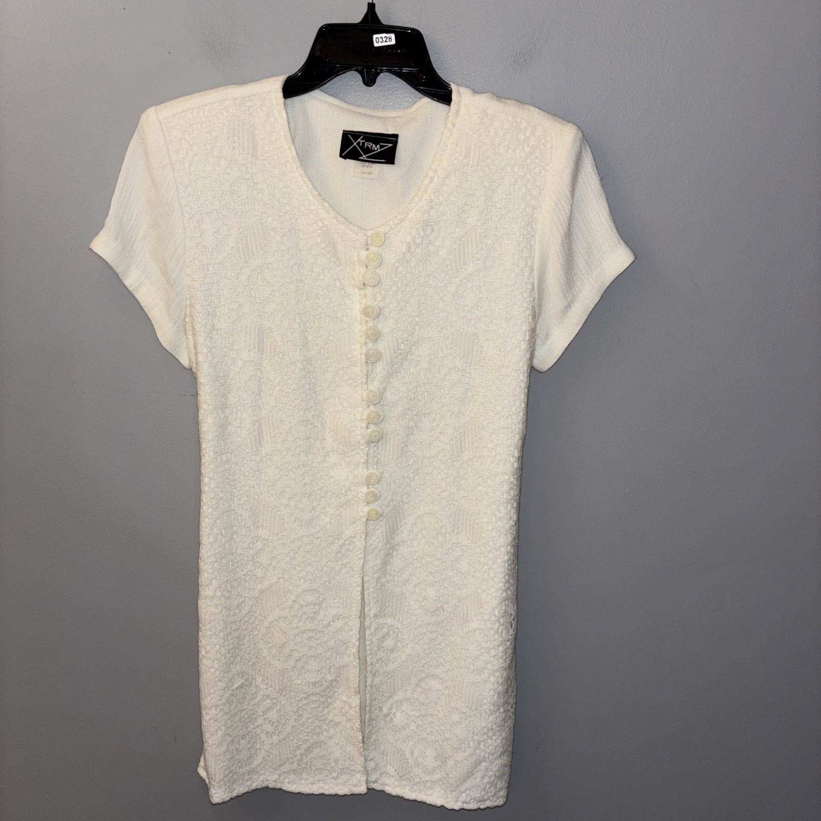 VTG White Crochet Tunic Top Short Sleeve Tie Back Cottagecore 90’s Boho Sz 9/10